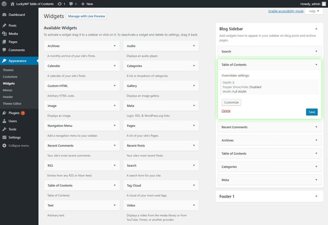 LuckyWP table of contents plugin in WordPress showing widget options