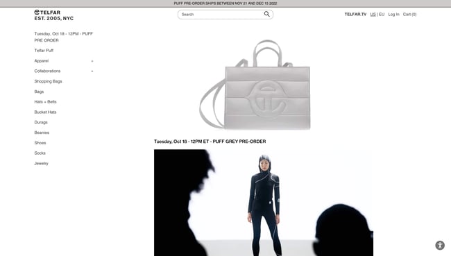 Luxury websites: Telfar. Features a single column style layout with the navigation on the left side. 
