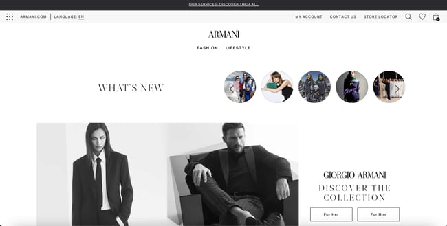 Luxury websites: Armani. Website features a menu with small circular images and two models wearing Armani merchandise. 