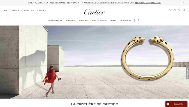 Luxury websites: Cartier. Features an image of someone walking wearing Cartier and a piece of jewelry next to the person. 