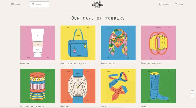 Luxury websites: Hermes. Site features a typewriter style font and a collection of colorful illustrations that invite visitors to explore the brand's offerings.