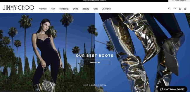 Luxury websites: Jimmy Choo. On the left side of the screen a model wears a Jimmy Choo purse and shoes. On the right, there is a close up of silver boots.