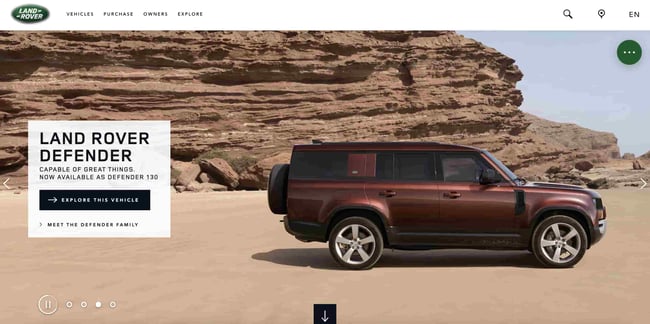 Luxury Websites: Land Rover. Website shows one of the brand's most popular cars in a desert. 