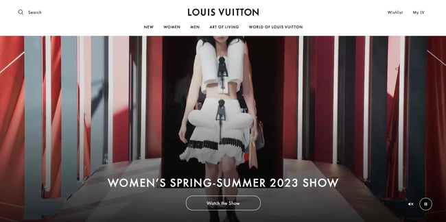 Luxury websites: Louis Vuitton. Website shows video of models walking down the runway at spring-summer 2023 show. 