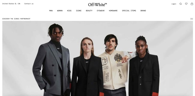 Luxury Websites: Off-White. Website shows center image of models wearing pieces of clothing from the collection.