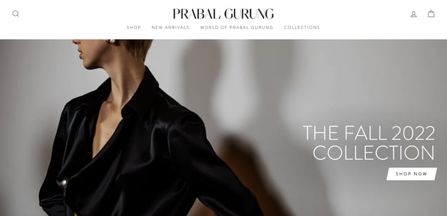 Luxury websites: Prabal Gurung. Website shows close up of garment and invites visitors to shop Fall 2022 collection with call to action. 