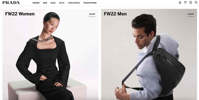 Luxury websites: Prada. Website features editorial-style images of two models wearing Prada items. 
