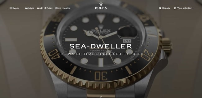 Luxury websites: Rolex. Website shows a video of one of the new watches from the collection and text that reads 'Sea Dweller' across the video. 