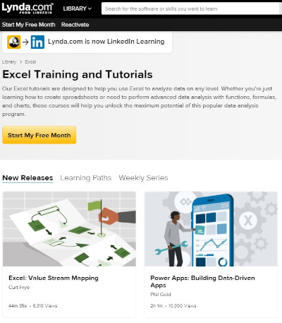 lynda's excel training and tutorials page