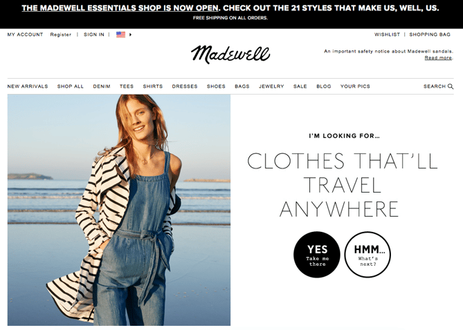 Madewell clothes shopping call to action buttons