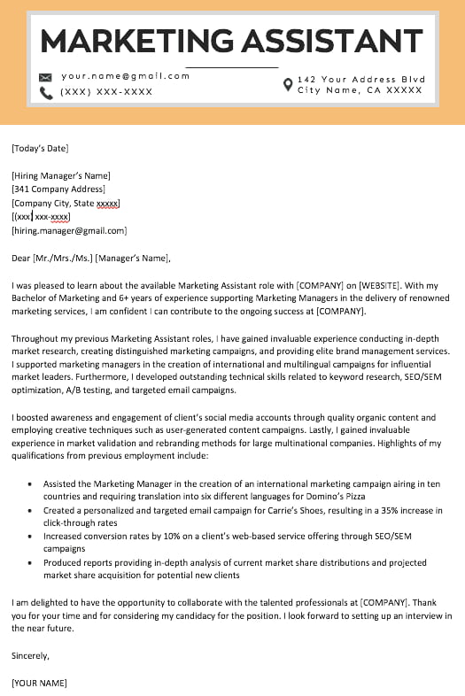 Marketing assistant cover letter template