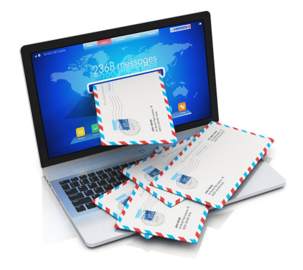 marketing automation: image shows graphic of laptop with automated mail coming out of the screen