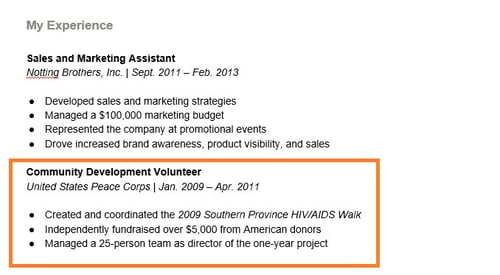 example resume with peace corps as a position