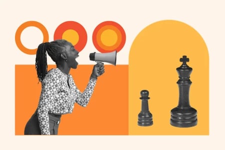 Marketing strategy graphic with a woman with a bullhorn and chess pieces for strategy.