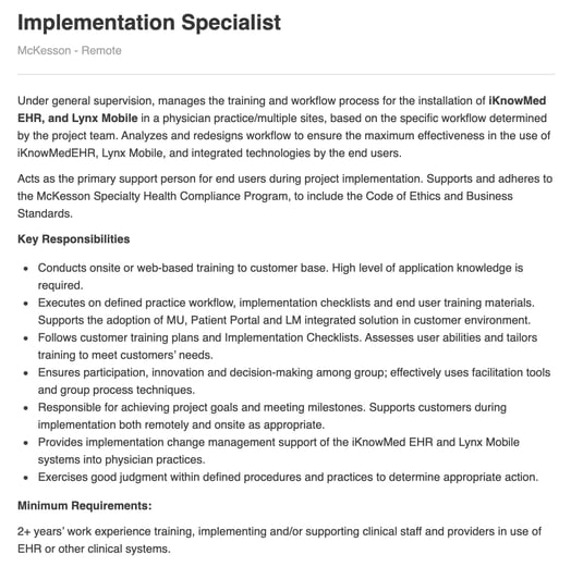work from home customer service job: mckesson implementation specialist