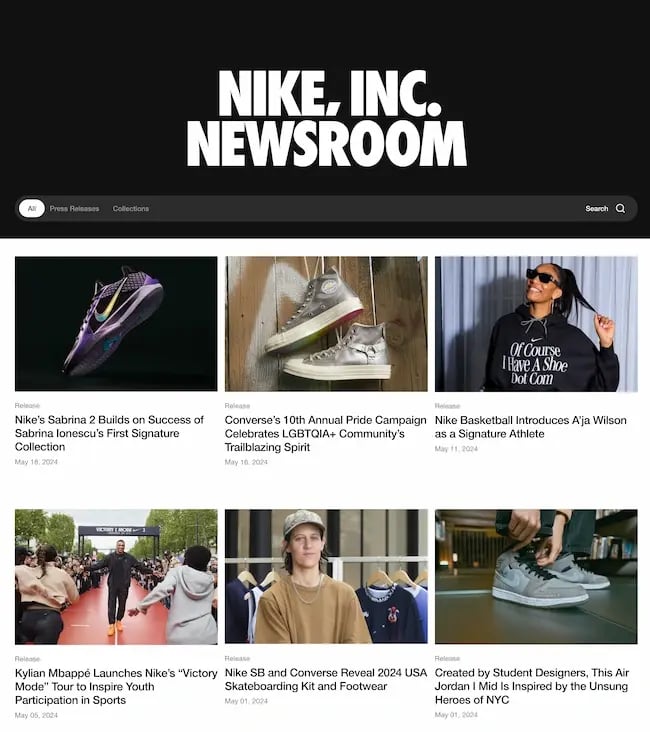 Shoe brand Nike’s media kit includes press releases