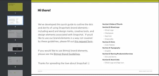 Snapchat’s media kit includes a clearcut table of contents