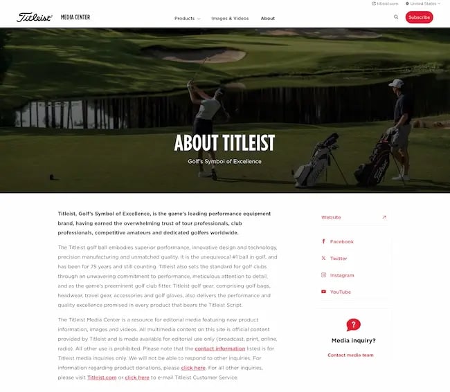 Titleist’s media/press kit does a great job with its company overview.