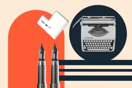 How to use Medium graphic with typewriter, computer enter key, and pens to symbolize writing online.