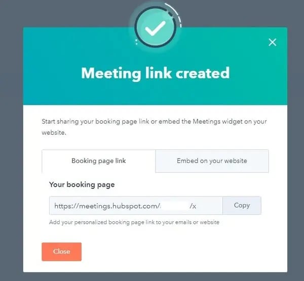 screenshot of meeting link created in hubspot