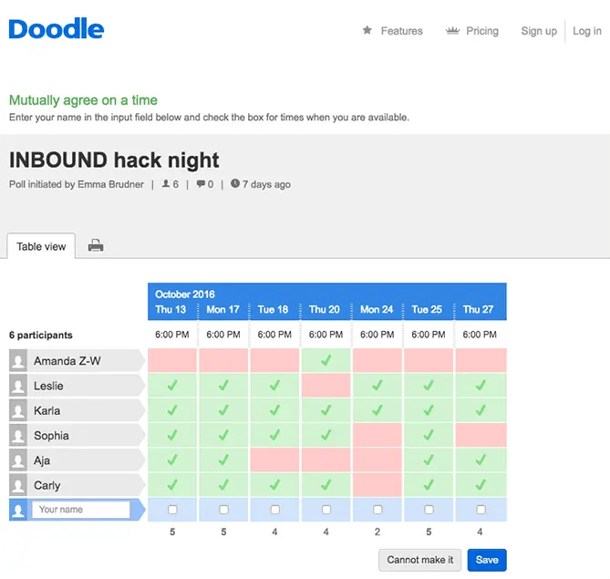 doodle scheduler interface that allows teams to show availability
