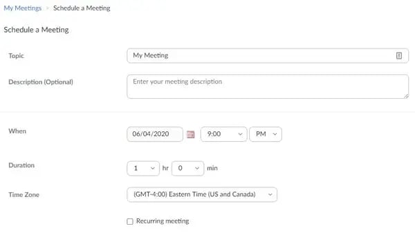 zoom meeting scheduler interface