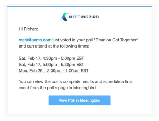 Meetingbird scheduling poll - confirmation sent to meeting host after attendee accepted their invitation