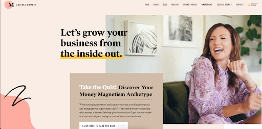 Melyssa Griffin homepage web design with yellow landing page and quiz CTA button