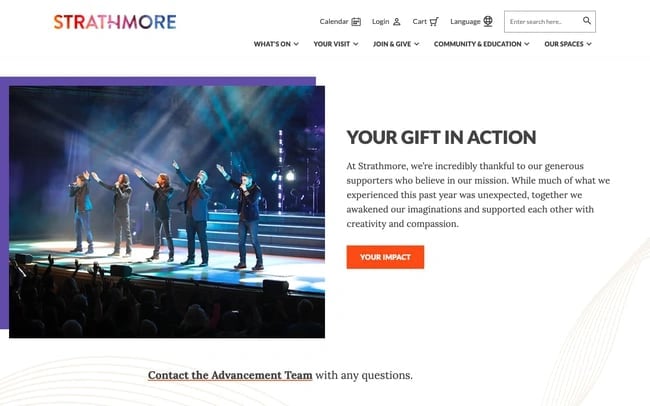membership website example: Strathmore includes Impact page that shows how membership fees are put in action