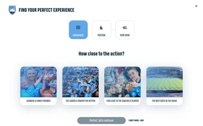 membership website example: Sydney FC's personalized form to help members find perfect seats