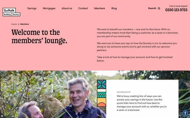 membership website example: Suffolk Building Society's dedicated member's lounge landing page