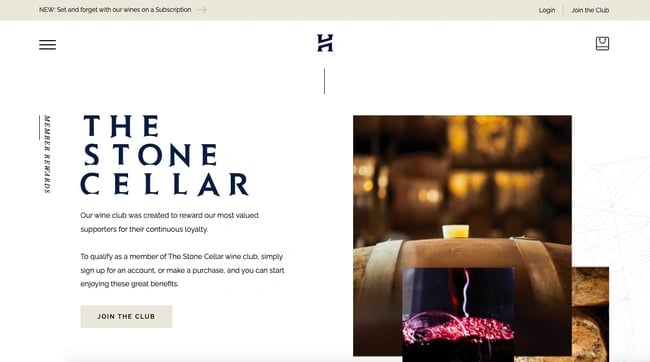 membership website example: Head Wines homepage features CTA to join their wine club