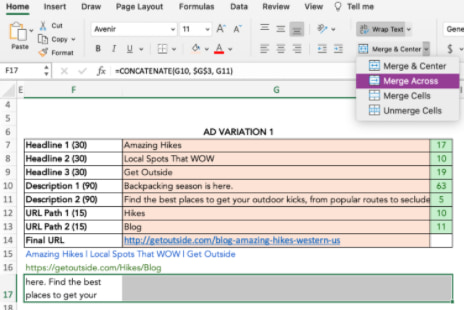 select merge across from a dropdown menu