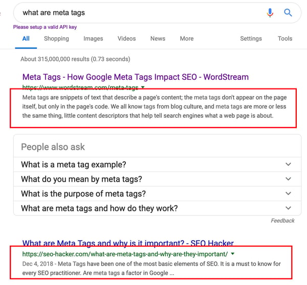SERPs and meta descriptions for Google query "what are meta tags"