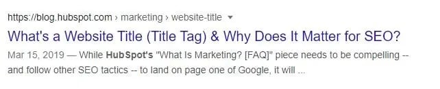 a HubSpot title tag example on the SERPs