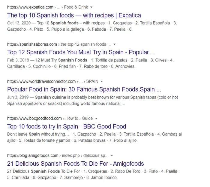 example of meta descriptions on the SERPs page