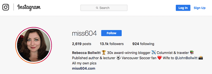 Miss604's professional bio on Instagram