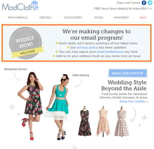 Modcloth email that read we're making changes to our email program with the option to change E-mail preferences and promotional materials under the bottom of're making changes to our email program" with the option to change email preferences and promotional material underneath