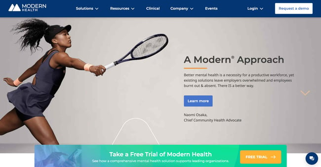 homepage for modern health, a business type of website