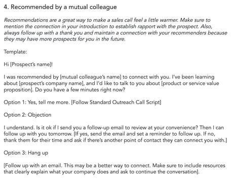cold call script template example: mutual colleague recommendation