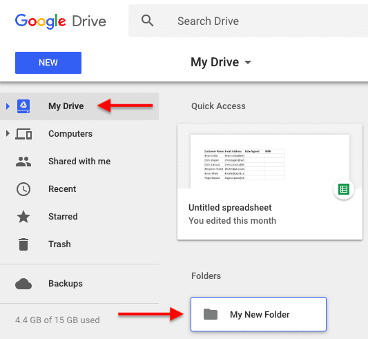 A newly created folder in the My Drive section of Google Drive