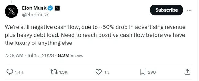 Musk’s post about X’s negative cash flow