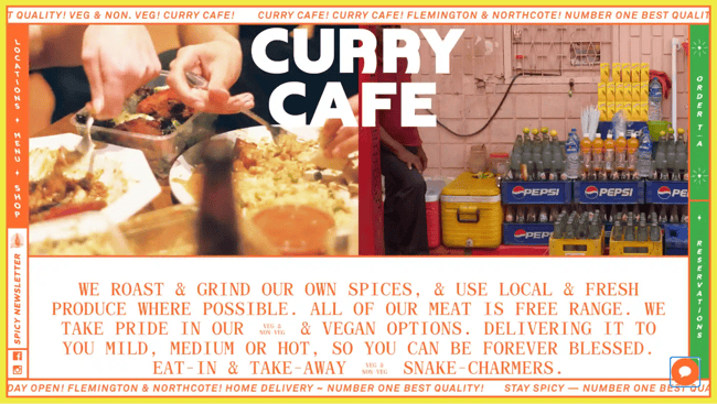 neo brutalism: image shows the curry cafe website which is neo brutalism and features many colors 