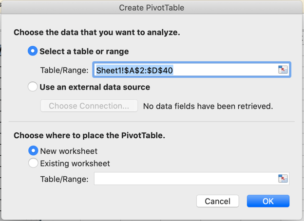 create new pivot table popup window demo in microsoft excel