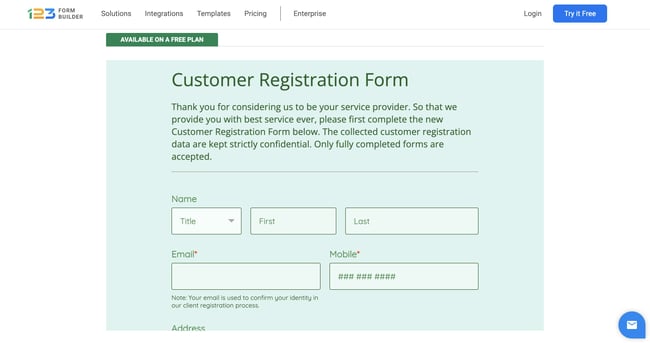 One new customer form template: 123FormBuilder