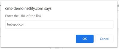 netlify cms popup that reads "enter the url of the link"