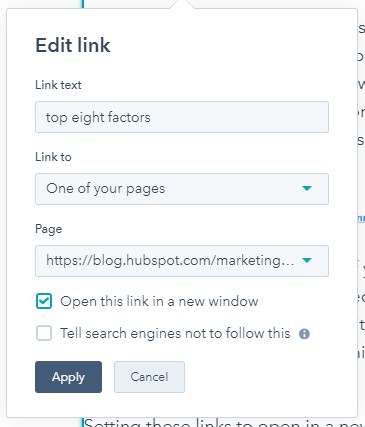 edit link functionality in hubspot with checkbox for "open this link in a new window"