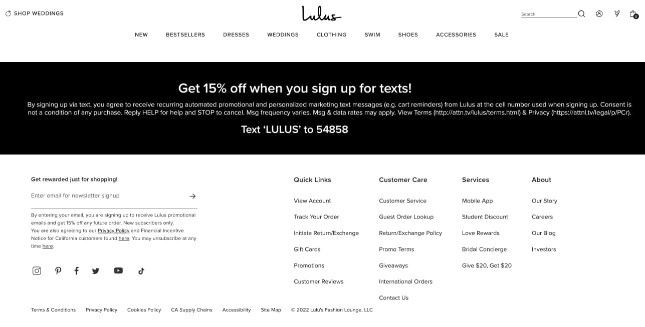 Newsletter sign-up form example, lulus sign up form at the bottom of the homepage above the footer