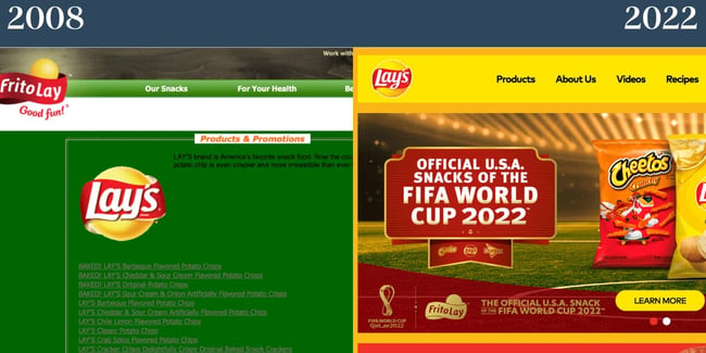  Lay's. Left features an image of the 2008 site and the right features an image of the 2022 site. The left has green background and poor text contrast the right features Lay's well-known yellow color. 