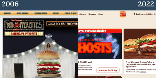 Nostalgic websites: Burger King. The left side of the image shows the nostalgic homepage from 2006 and the right side of the image shows the 2022 update. 